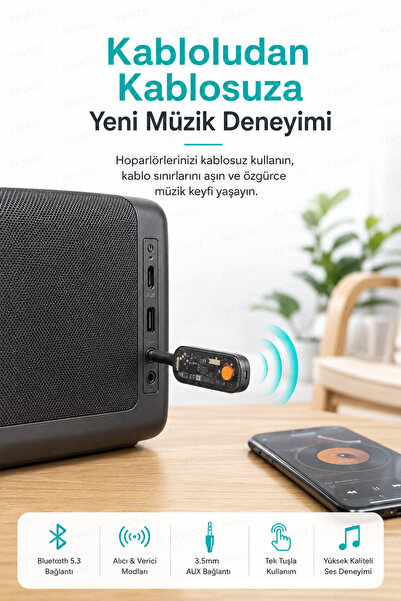 PASACO Bluetooth 5.3 Aux Ses Alıcı Verici 3.5mm Kablosuz Adaptör Araç TV Uçak...