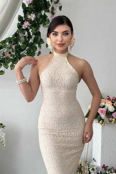 CKM MODA Jenel Neck Tie Midi Dress Beige