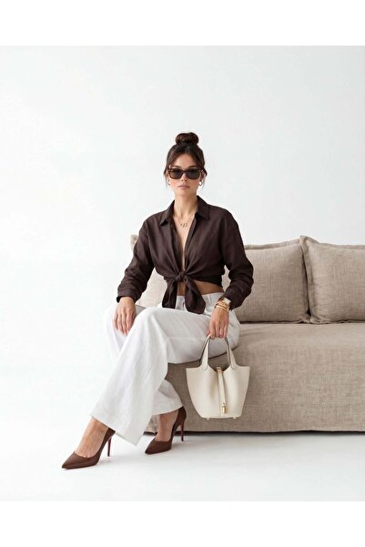 CKM MODA Damley Front Tie Crop Coffee
