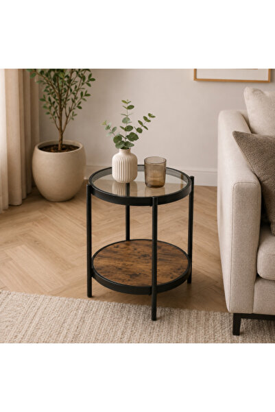 Mily Round two-tier side service table with glass top and vintage brown woode...