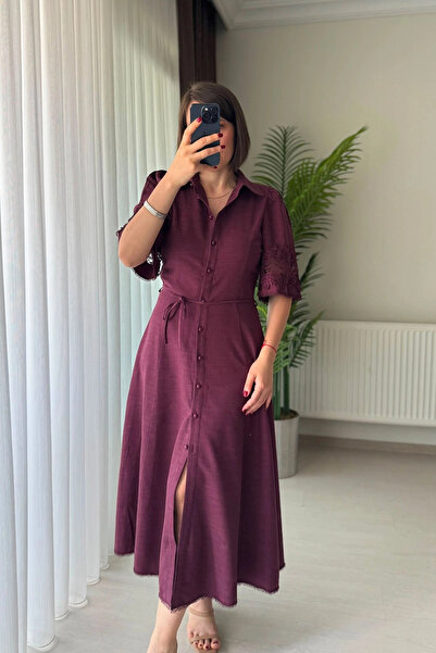 Kubos Moda Dantel Kol Detaylı Kuşaklı Mürdüm Keten Elbise