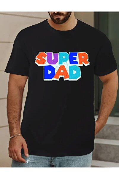 JENOLAN Tricou negru pentru bărbați Super Dad imprimat cu decolteu oversize c...