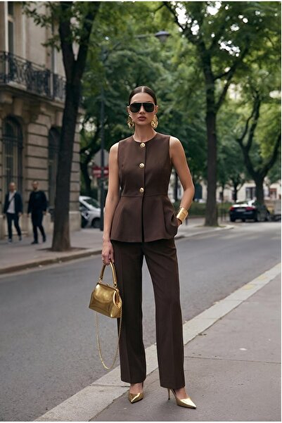 ALURA MODA Kahverengi Gold Düğmeli Peplum Yelek Ve Geniş Paça Pantolon İkili ...