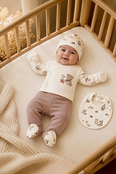 Tuğra Bebe طقم أطفال حديثي الولادة مكون من 5 قطع مطبوع عليه دمية دب للجنسين