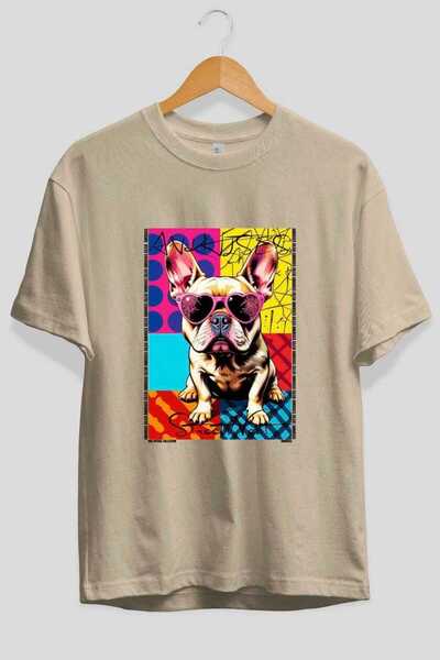Ankhises For Dog Lovers 65 Front Dog Printed Beige Oversize T-Shirt 100% Cott...