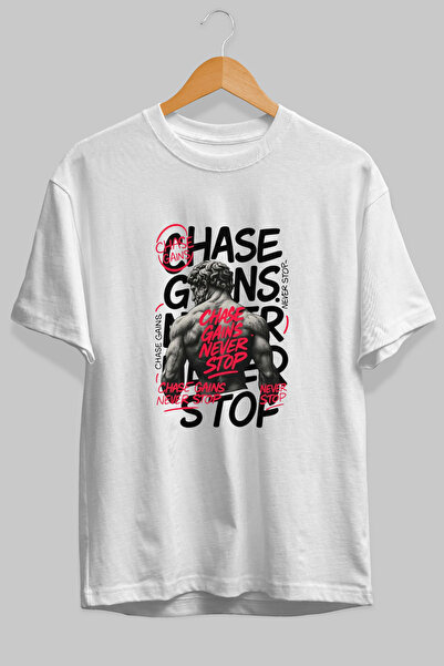 Ankhises Tricou alb cu imprimeu frontal Chase Gains Never Stop, supradimensio...