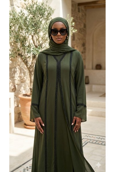 Generic Elegant Sage Green Minimalist Abaya with Contrast black Embellished Trim