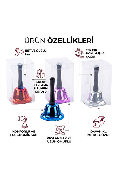 Hanedanev Parlak Renkli Metal Resepsiyon Çanı El Zili - Okul, Ofis, Masa Ve E...