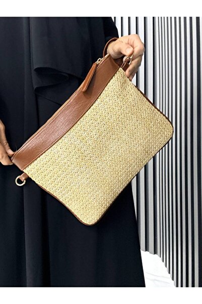H&D COLLECTİON Wicker Handbag and Portfolio Clutch Bag with Long Strap, Suita...