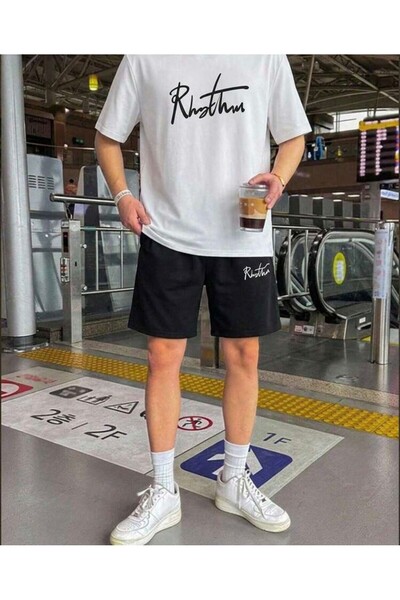 EFFRENATU Rhythm Men's T-Shirt Shorts Set - White Black Minimalist Script