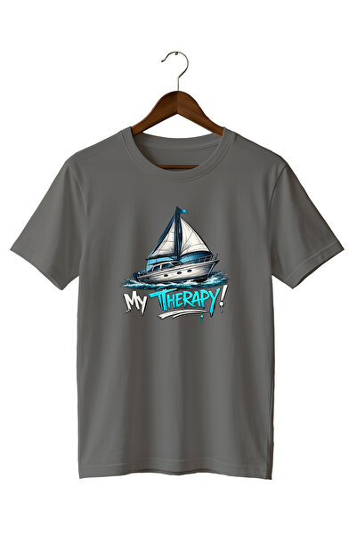 WİDİ Sailboat and Sea My Therapy Street Style Printed T-Shirt 100% Cotton