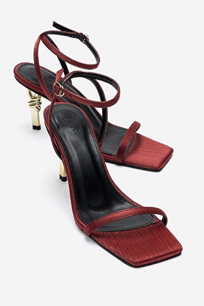 LuviShoes Sone Burgundy Satin Gold Heeled Thin Strap Women's Heeled Shoes