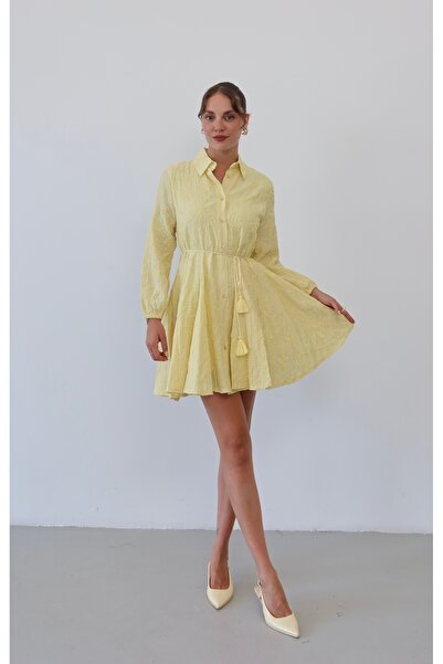 Myra Fashion Fisto Nakışlı Gömlek Elbise Mini Boy Uzun Kollu Klasik Yaka Bağc...