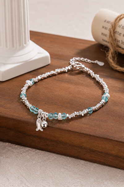 TREND COLLECTİON Mavi Taşlı Balık Charm Kadın Bileklik İnci Detaylı Gümüş Ren...
