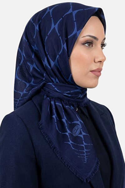 hadiora Women's Navy Blue Geometric Patterned Flared Twill Scarf