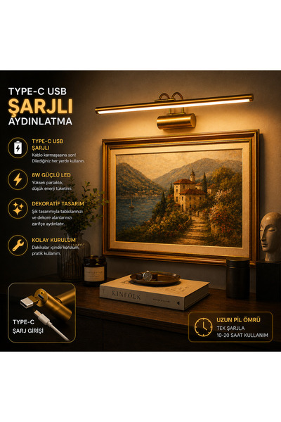 neeko Flüt Aplik / 50CM / Şarjlı LED Aplik / Type-C USB Kablosuz Duvar Lambas...