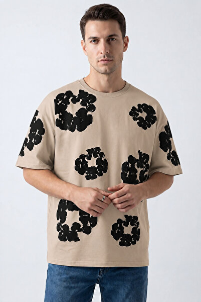 LAND MODA Beige Oversize Floral Printed Crew Neck Men's T-Shirt