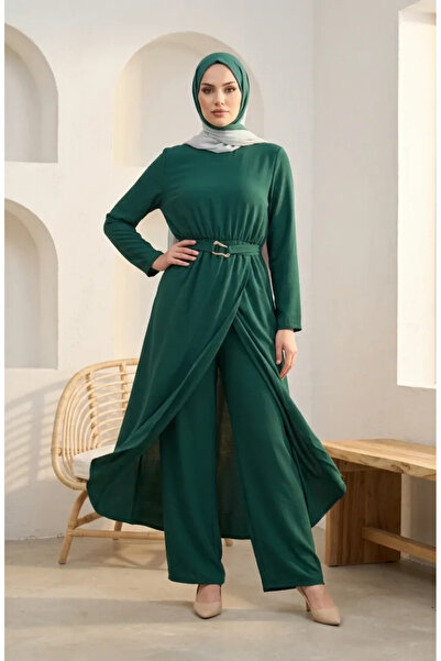 sefamerve Elastic Waist Belted Hijab Double Set 2279-01 Emerald Green