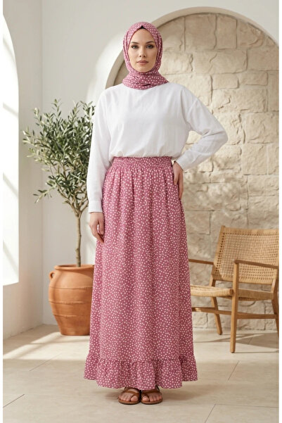 sefamerve Elastic Waist Polka Dot Patterned Skirt 0310-01 Dusty Rose