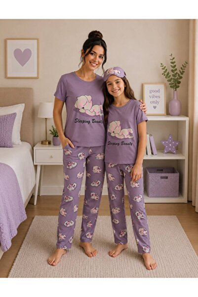 Pajama Shop Majka-ćerka pamučna milanska tkanina lila boje s uzorkom mačke i ...