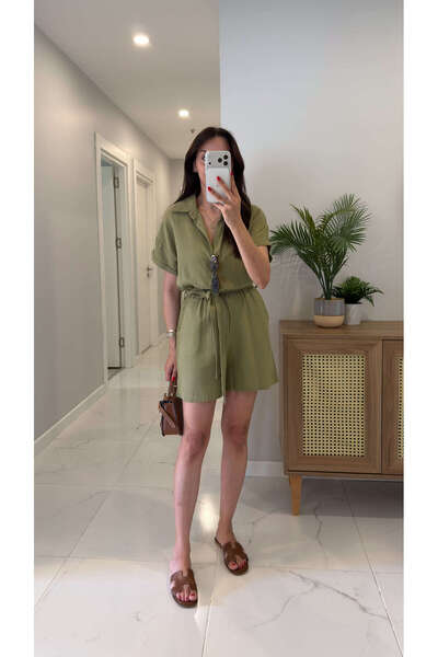 BİRCANÇİL Siltres Khaki Short Sleeve Belted Shorts Jumpsuit