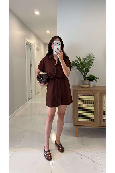 BİRCANÇİL Siltres Coffee Short Sleeve Belted Shorts Jumpsuit