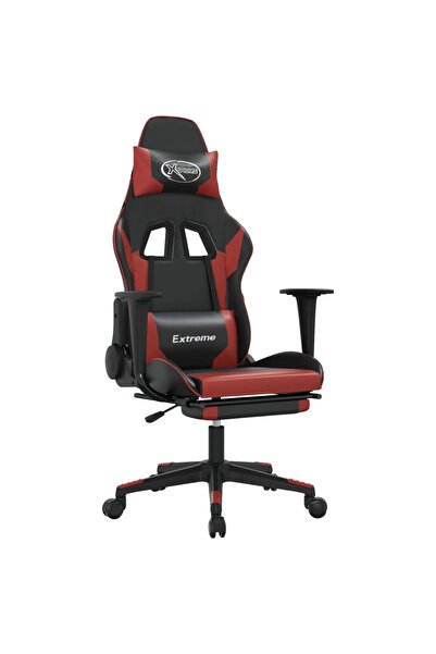 vidaxl Scaun de gaming masaj/suport picioare negru/roșu vin piele