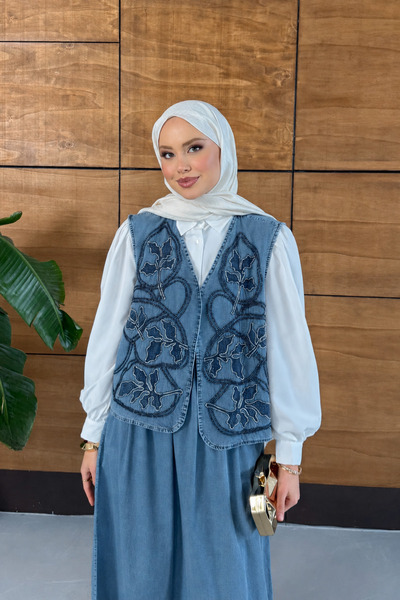 Miss Allos Set de blugi cu vestă și fustă brodate cu mărgele pentru femei