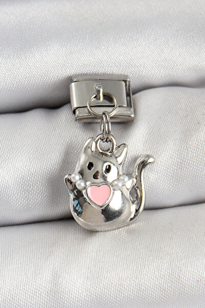 OGHAMAY 316L Steel Dangle Heart Detailed Cat Model Silver Color Nomination Charm