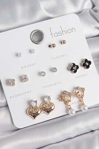 OGHAMAY Brass Gold Color Zircon Stone Heart Figure Black Clover Detail 7 Pair...
