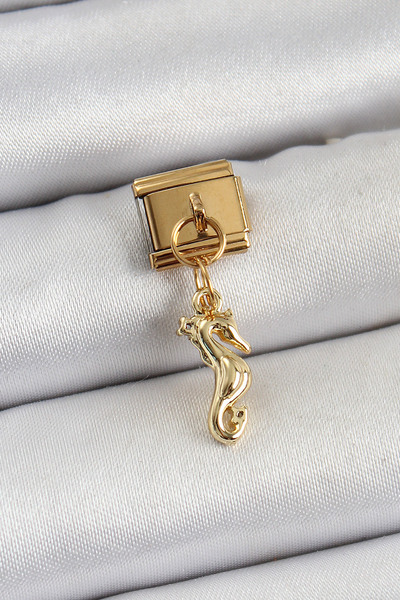 OGHAMAY 316L Steel Dangle Sea Horse Model Gold Color Nomination Charm
