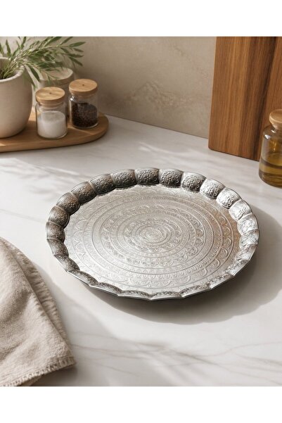 FAIR HOME Silver Color Motif Metal Round Luxury Serving Tray – 35 cm