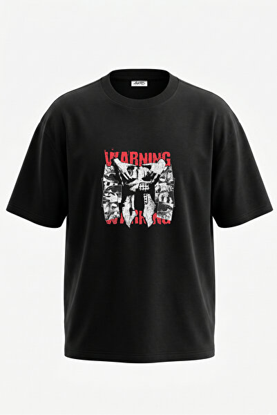 Anetos Tricou oversize negru din bumbac cu imprimeu pe spate cu design Averti...