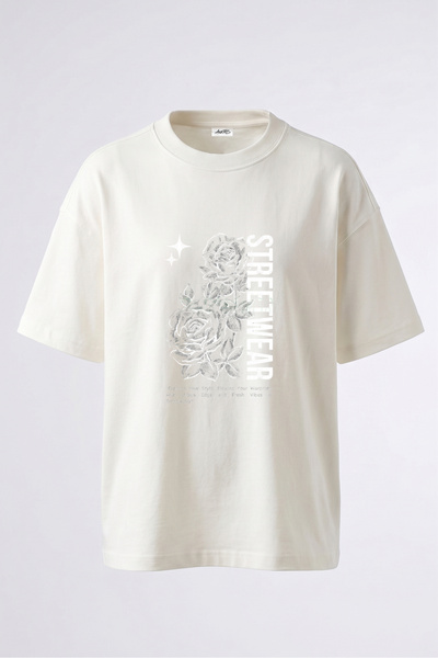 Anetos Tricou oversize alb din bumbac cu imprimeu pe spate cu desen de tranda...
