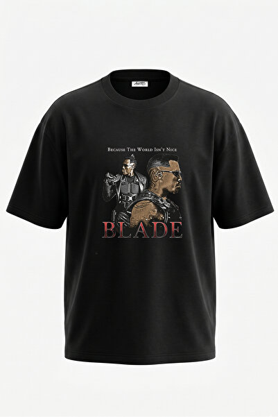 Anetos Tricou oversize negru din bumbac cu imprimeu pe spate Blade Design