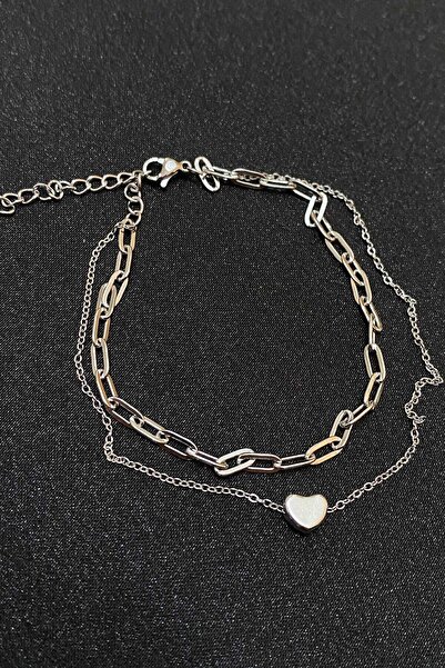 OGHAMAY Silver Color Heart Model Esme and Sf Chain Steel Anklet - 3303