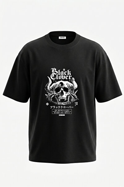 Anetos Crna majica sa crnim dizajnom lubanje Black Clover, od pamuka, oversiz...