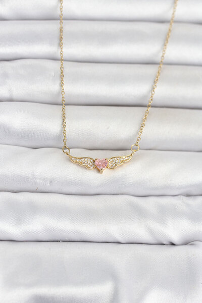 OGHAMAY 316L Steel Chain Gold Color Winged Pink Heart Model Women's Necklace
