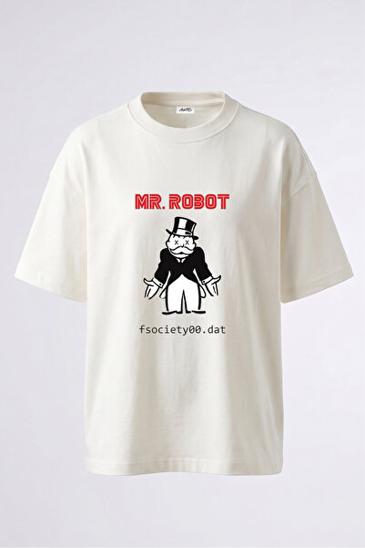 Anetos Tricou oversize alb din bumbac cu imprimeu pe spate Mr Robot Fsociety ...