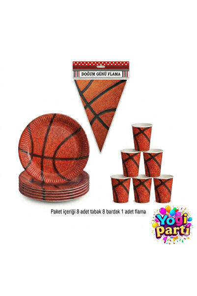 Yogi parti Basketbol Baskılı Tabak Bardak Flama 8 kişilik Doğumgünü seti Part...