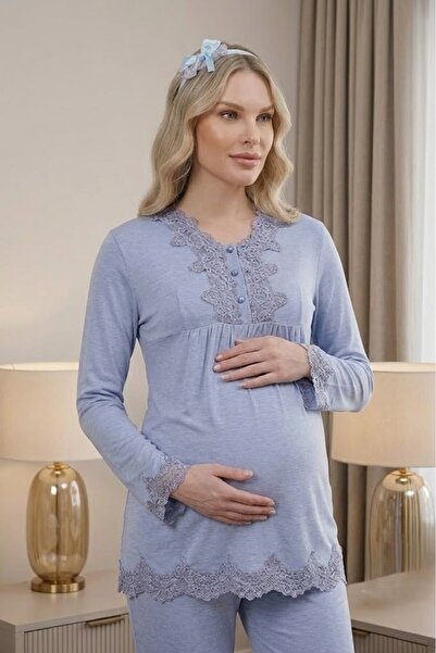 Pelin Women's Indigo Lace New Season Long Sleeve Maternity Pajama Set