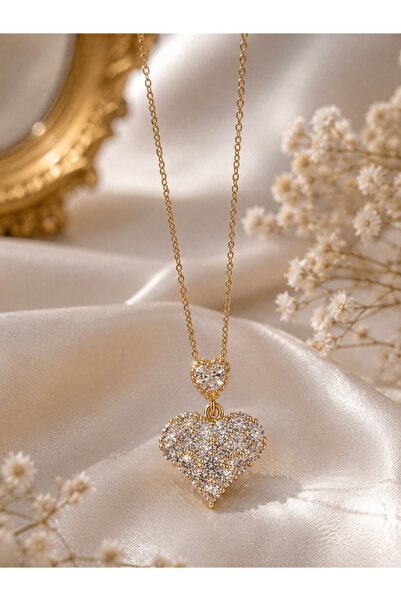 Sylvera Shop Heart Sparkle Stone Steel Necklace (Gold Color)