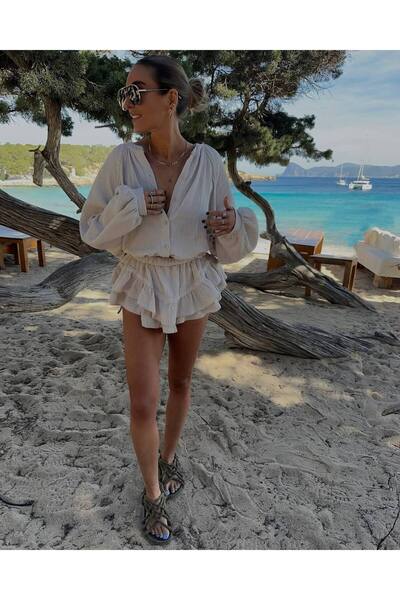 Miss Beyoğlu Kadın Dantel Detaylı Müslin Kumaş Şortlu Tulum