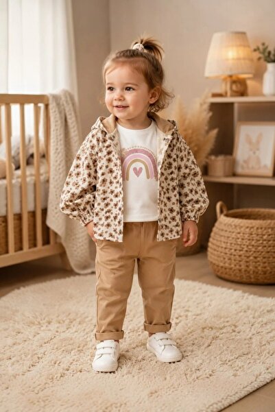 Tuğra Bebe Baby Girl Muslin Hooded Jacket 3-Piece Set Floral Patterned Badi P...