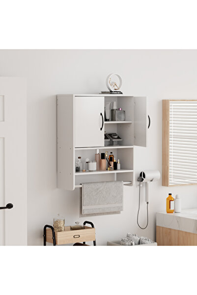 HayaBazaar 48*20*61cm Minimalist Oak Wall Storage Cabinet with Towel Rack, Wa...
