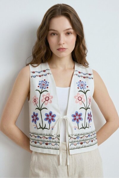 Saade White V-Neck Vest with String Tie Detail and Multi-Color Embroidery