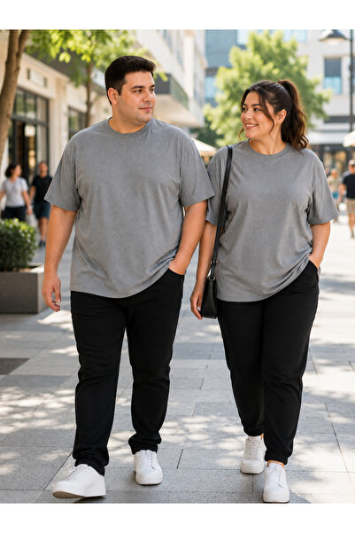 Terraderm Unisex Battal Boy Büyük Beden Gri Basic Tişört Oversize Rahat Kalıp...