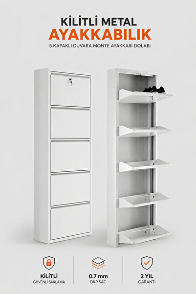 Alıç Kilitli Metal Ayakkabılık Dolabı 5 Kapaklı Duvara Monte Ergonomik Tasarı...