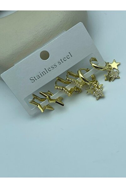 BİJU YILMAZ 26Clk140 - Gold Zircon Stone Star Earring Set