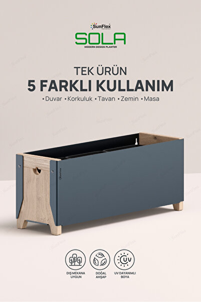 SUNFLEX Sola 50 cm Balkon İçin Dekoratif Saksılık Metal ve Ahşap
